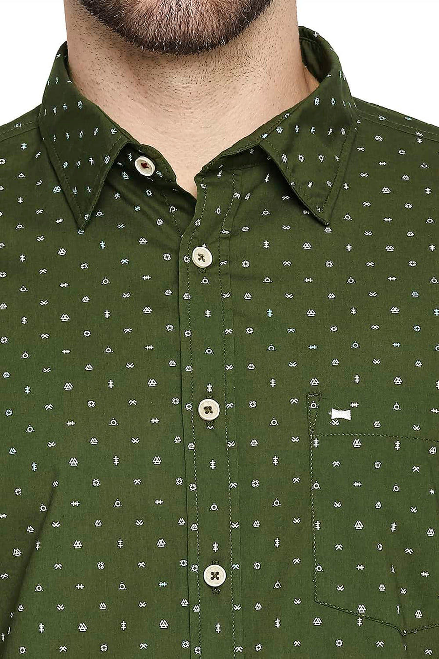 BASICS SLIM FIT CHIVE OLIVE POPLIN PRINTED SHIRT