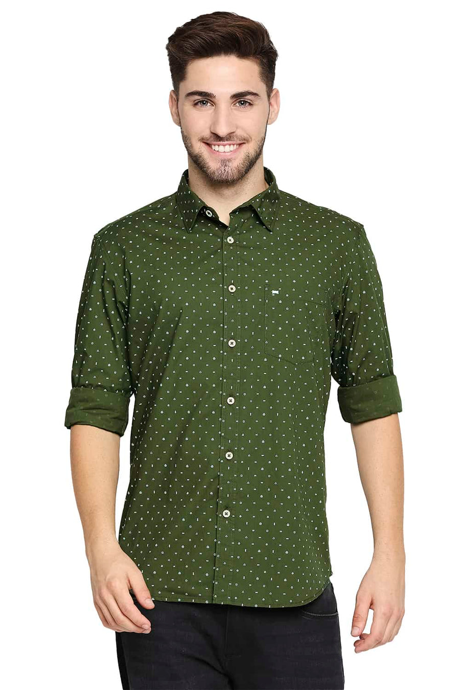 BASICS SLIM FIT CHIVE OLIVE POPLIN PRINTED SHIRT