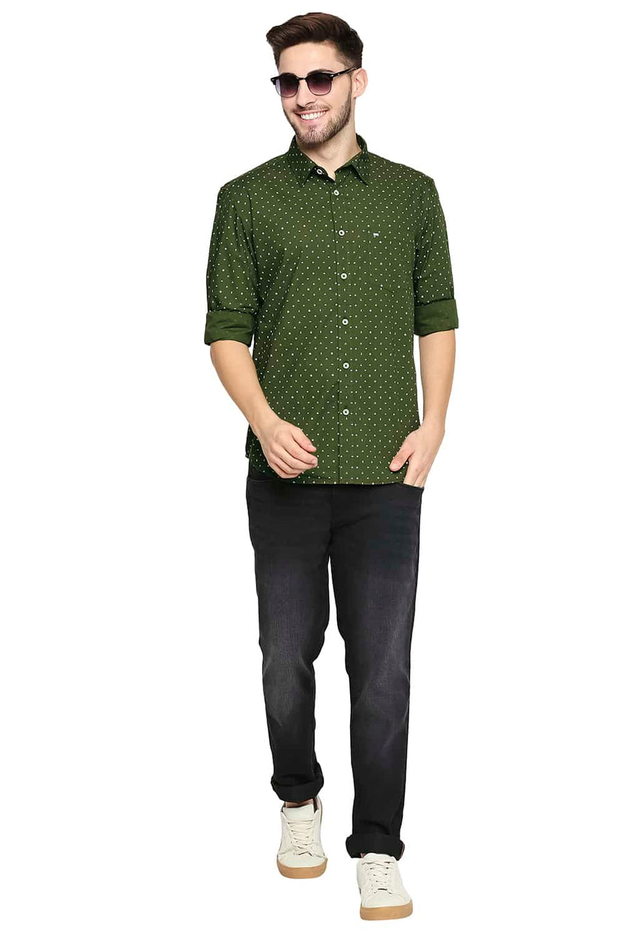 BASICS SLIM FIT CHIVE OLIVE POPLIN PRINTED SHIRT
