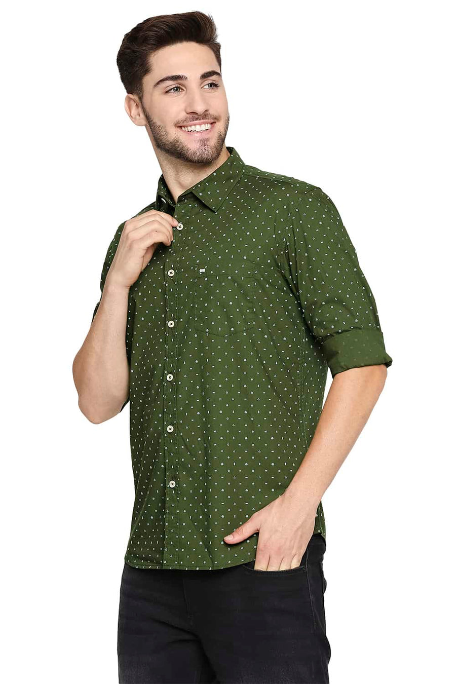 BASICS SLIM FIT CHIVE OLIVE POPLIN PRINTED SHIRT