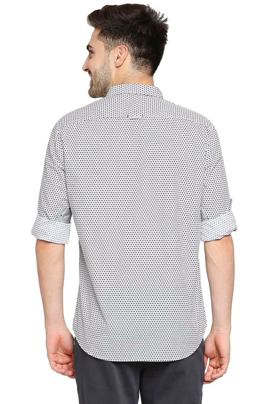 BASICS SLIM FIT ASH GREY POPLIN PRINTED SHIRT