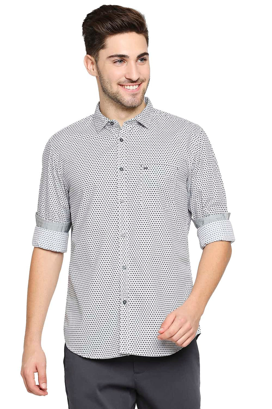 BASICS SLIM FIT ASH GREY POPLIN PRINTED SHIRT