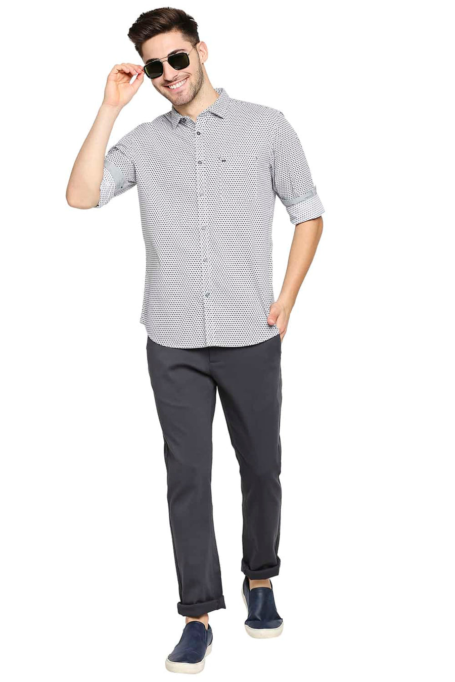 BASICS SLIM FIT ASH GREY POPLIN PRINTED SHIRT
