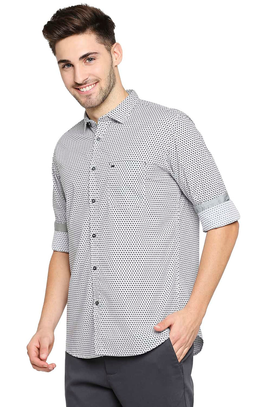 BASICS SLIM FIT ASH GREY POPLIN PRINTED SHIRT