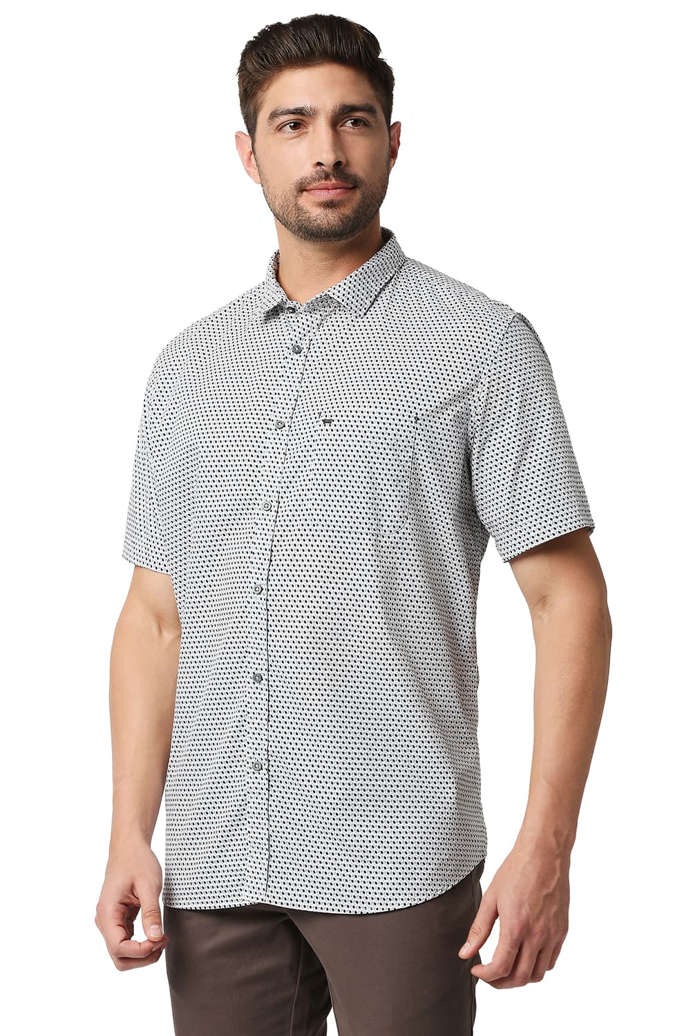 BASICS SLIM FIT POPLIN PRINTED HALFSLEEVES SHIRT