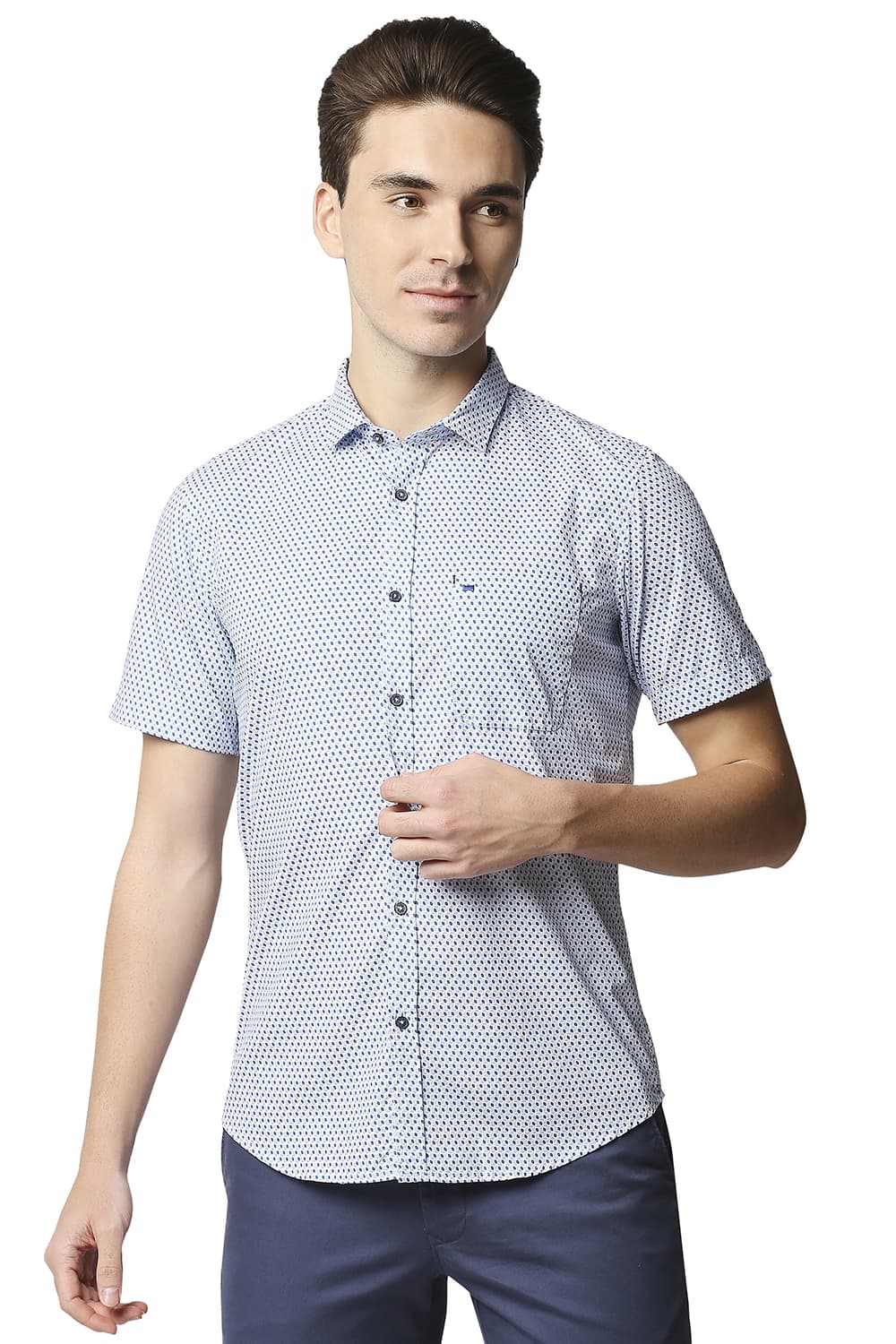 BASICS SLIM FIT POPLIN PRINTED HALFSLEEVES SHIRT