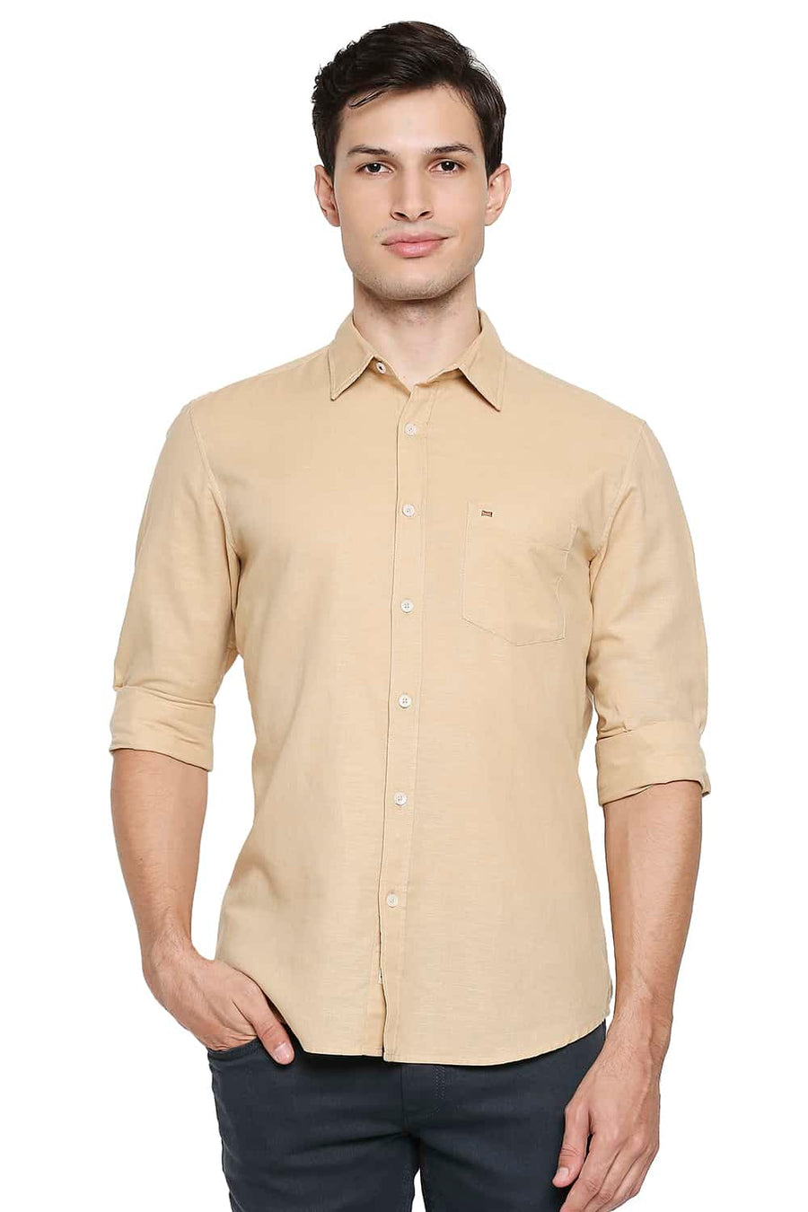 BASICS SLIM FIT LATTE BEIGE COTTON HEMP SHIRT