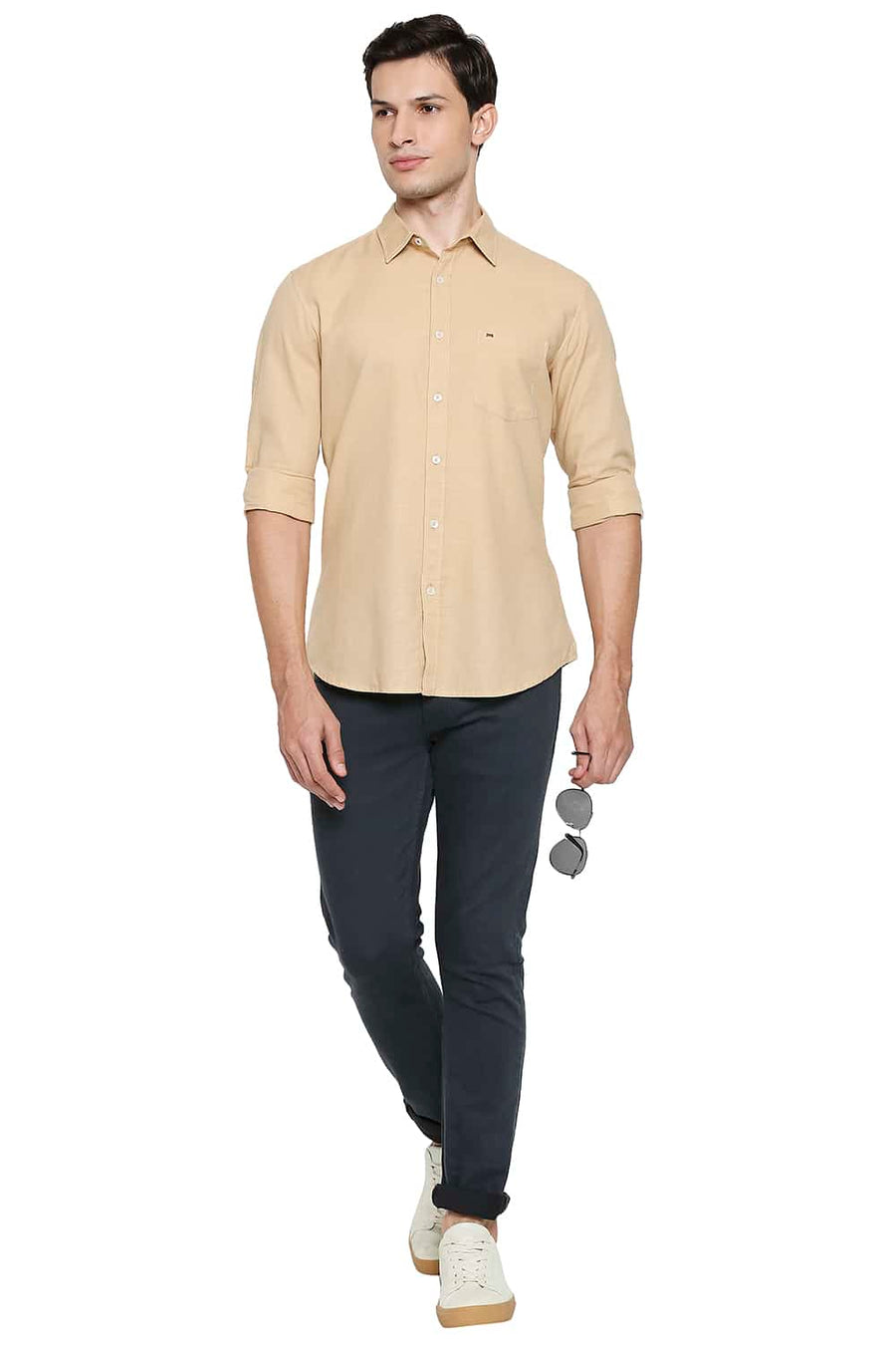 BASICS SLIM FIT LATTE BEIGE COTTON HEMP SHIRT