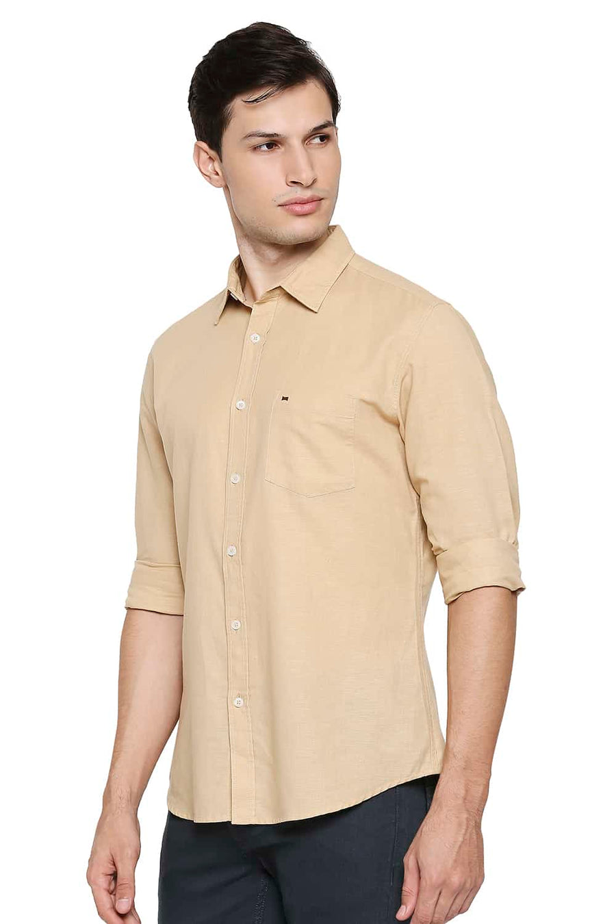 BASICS SLIM FIT LATTE BEIGE COTTON HEMP SHIRT