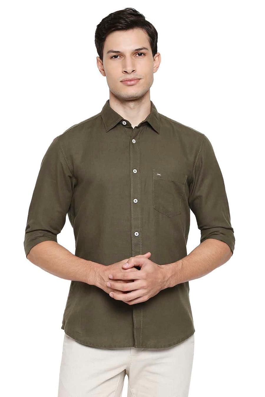 BASICS SLIM FIT MILITARY OLIVE COTTON HEMP SHIRT