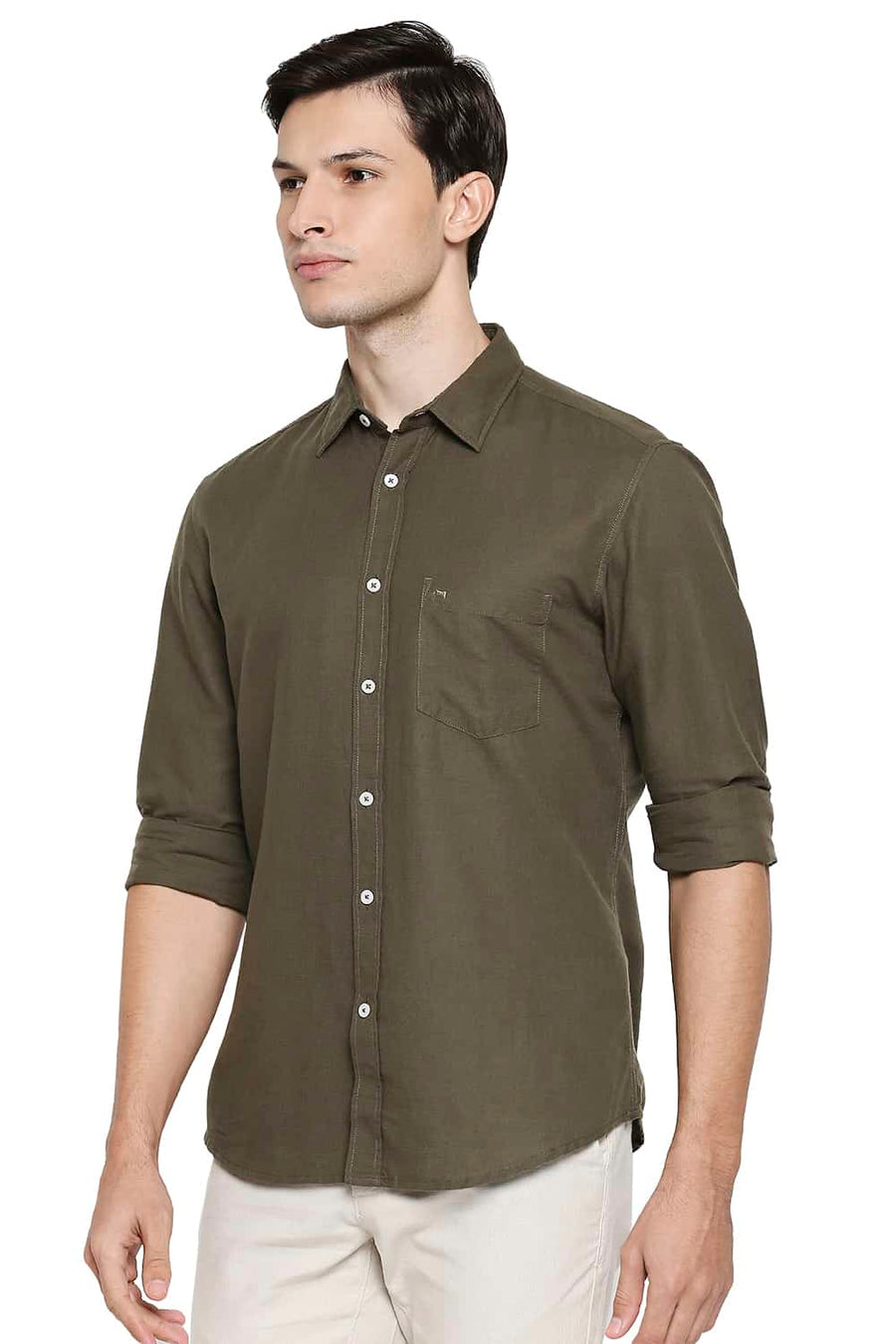 BASICS SLIM FIT MILITARY OLIVE COTTON HEMP SHIRT