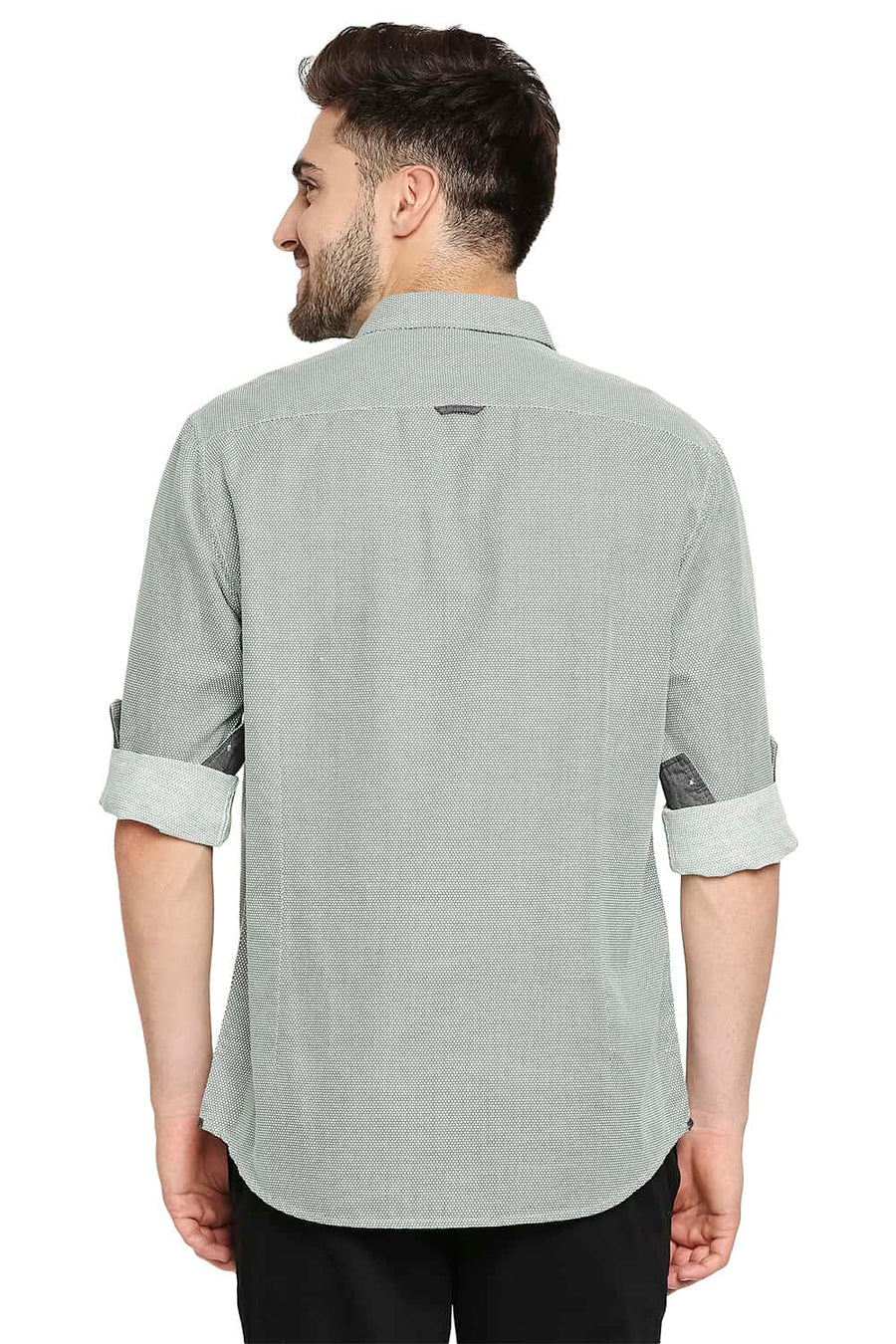 BASICS SLIM FIT STONE GREEN COTTON HEMP PRINTED SHIRT