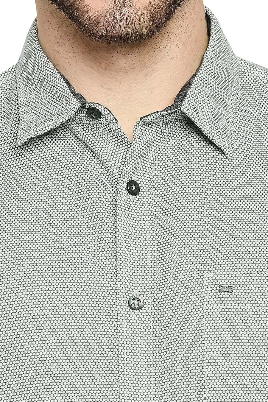 BASICS SLIM FIT STONE GREEN COTTON HEMP PRINTED SHIRT