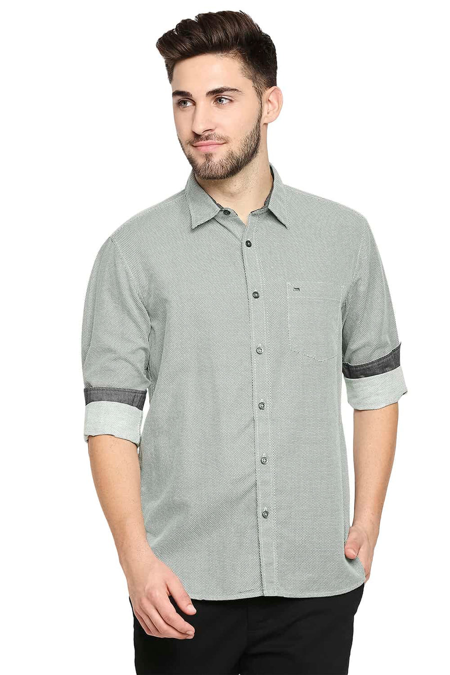 BASICS SLIM FIT STONE GREEN COTTON HEMP PRINTED SHIRT