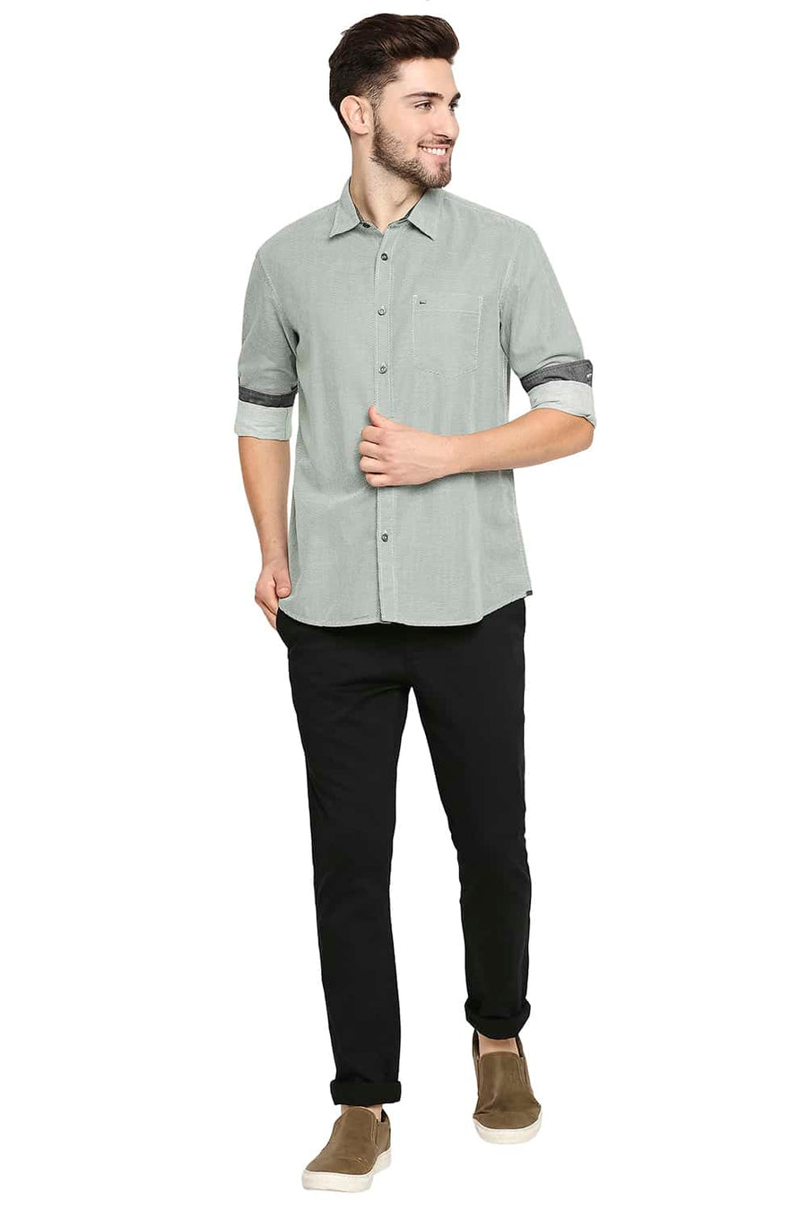 BASICS SLIM FIT STONE GREEN COTTON HEMP PRINTED SHIRT