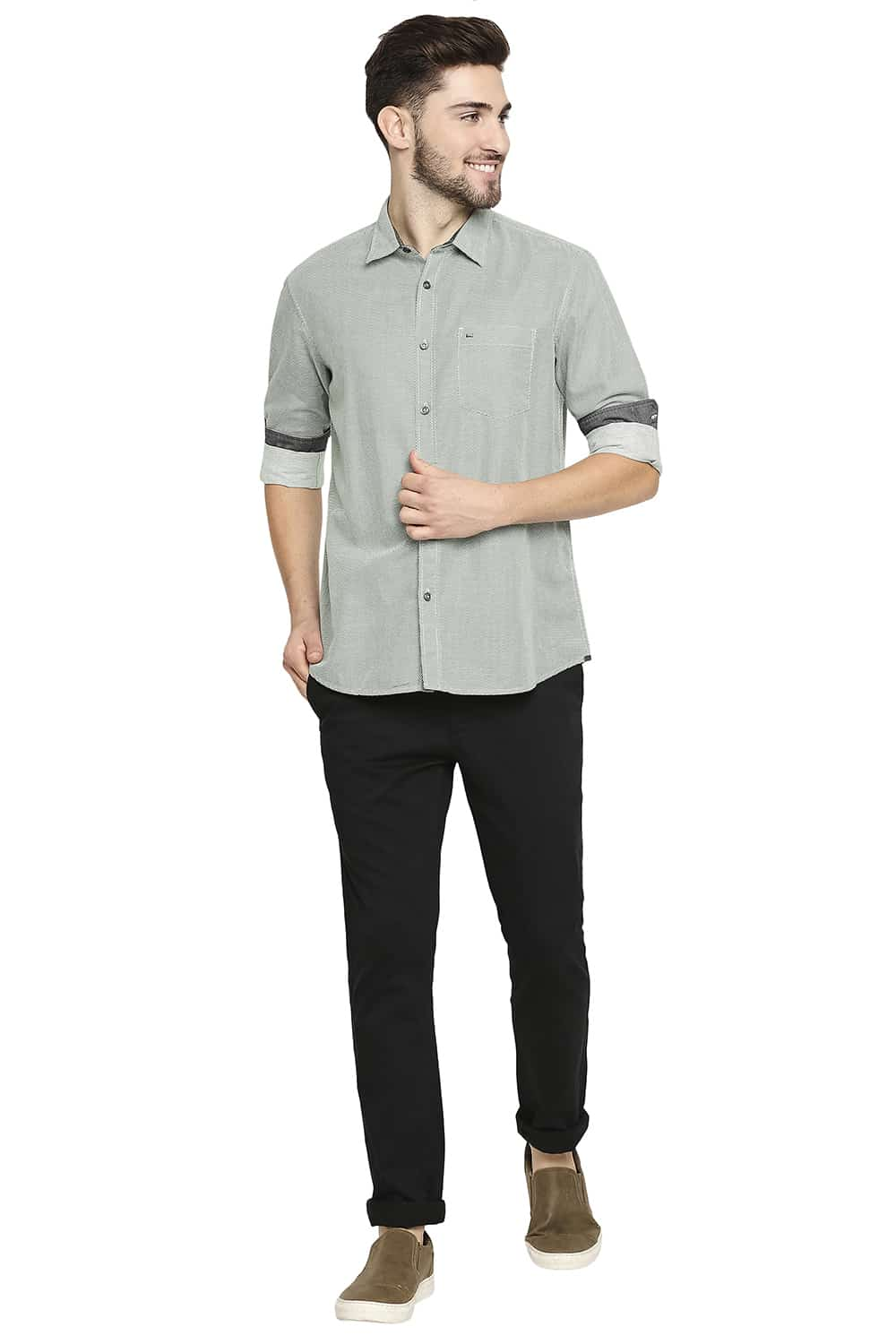 BASICS SLIM FIT COTTON HEMP PRINTED SHIRT