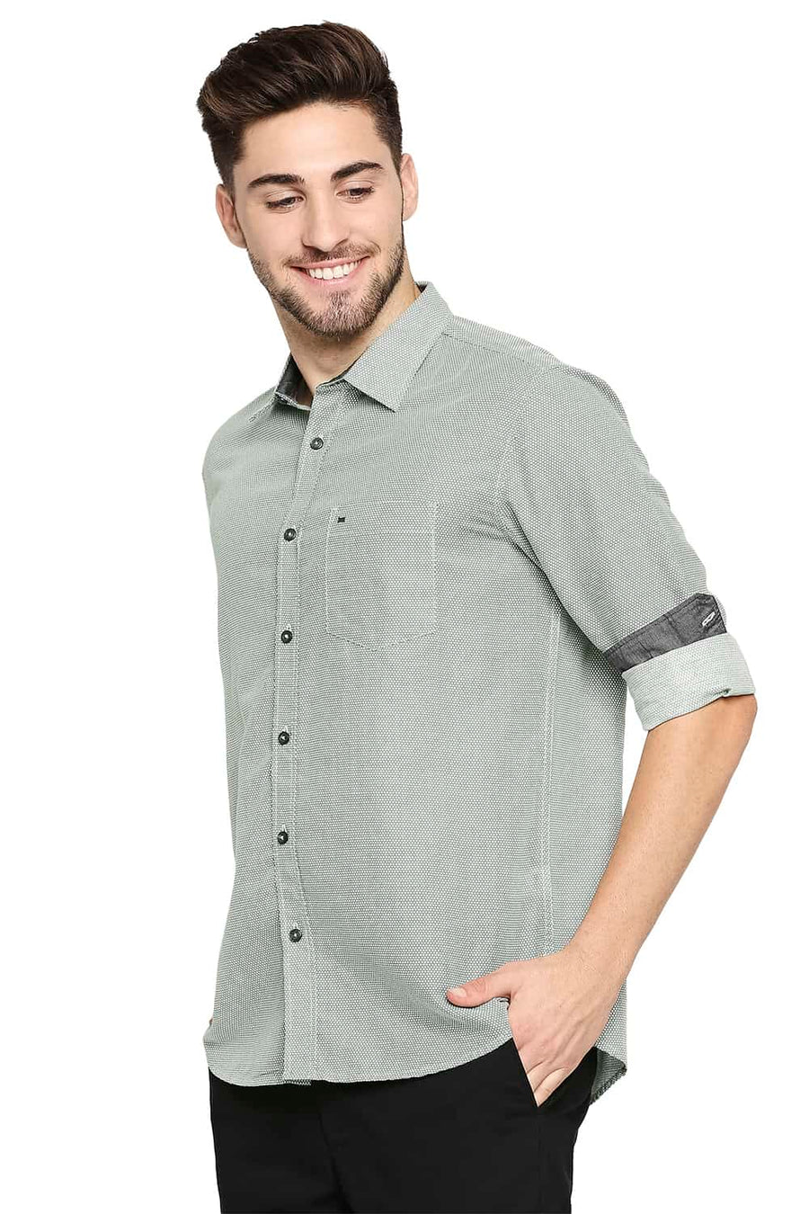 BASICS SLIM FIT STONE GREEN COTTON HEMP PRINTED SHIRT