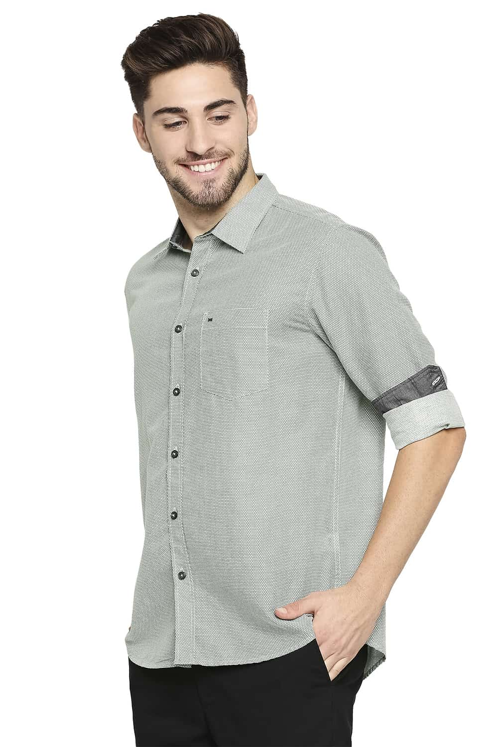 BASICS SLIM FIT COTTON HEMP PRINTED SHIRT