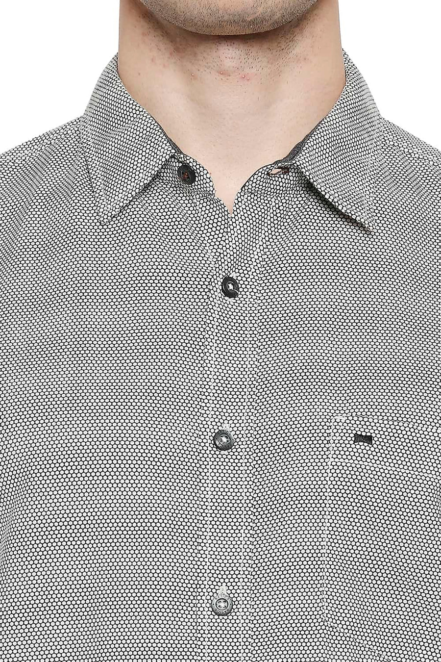 BASICS SLIM FIT PRISTINE BEIGE COTTON HEMP PRINTED SHIRT