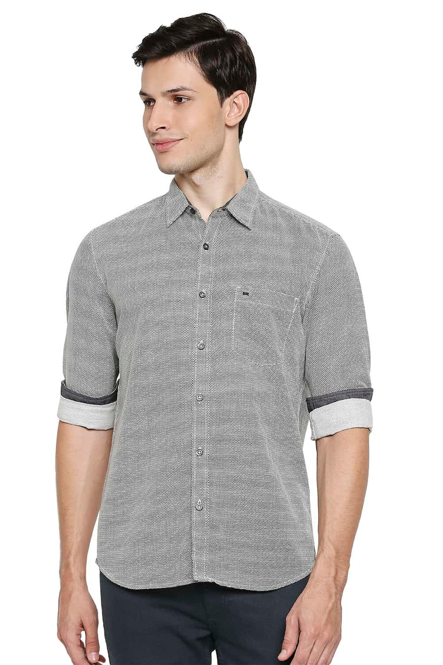 BASICS SLIM FIT PRISTINE BEIGE COTTON HEMP PRINTED SHIRT