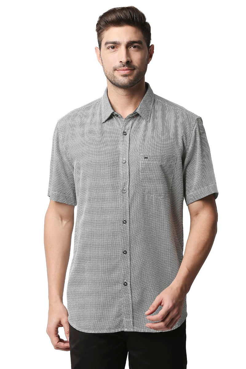 BASICS SLIM FIT COTTON HEMP PRINTED HALFSLEEVES SHIRT