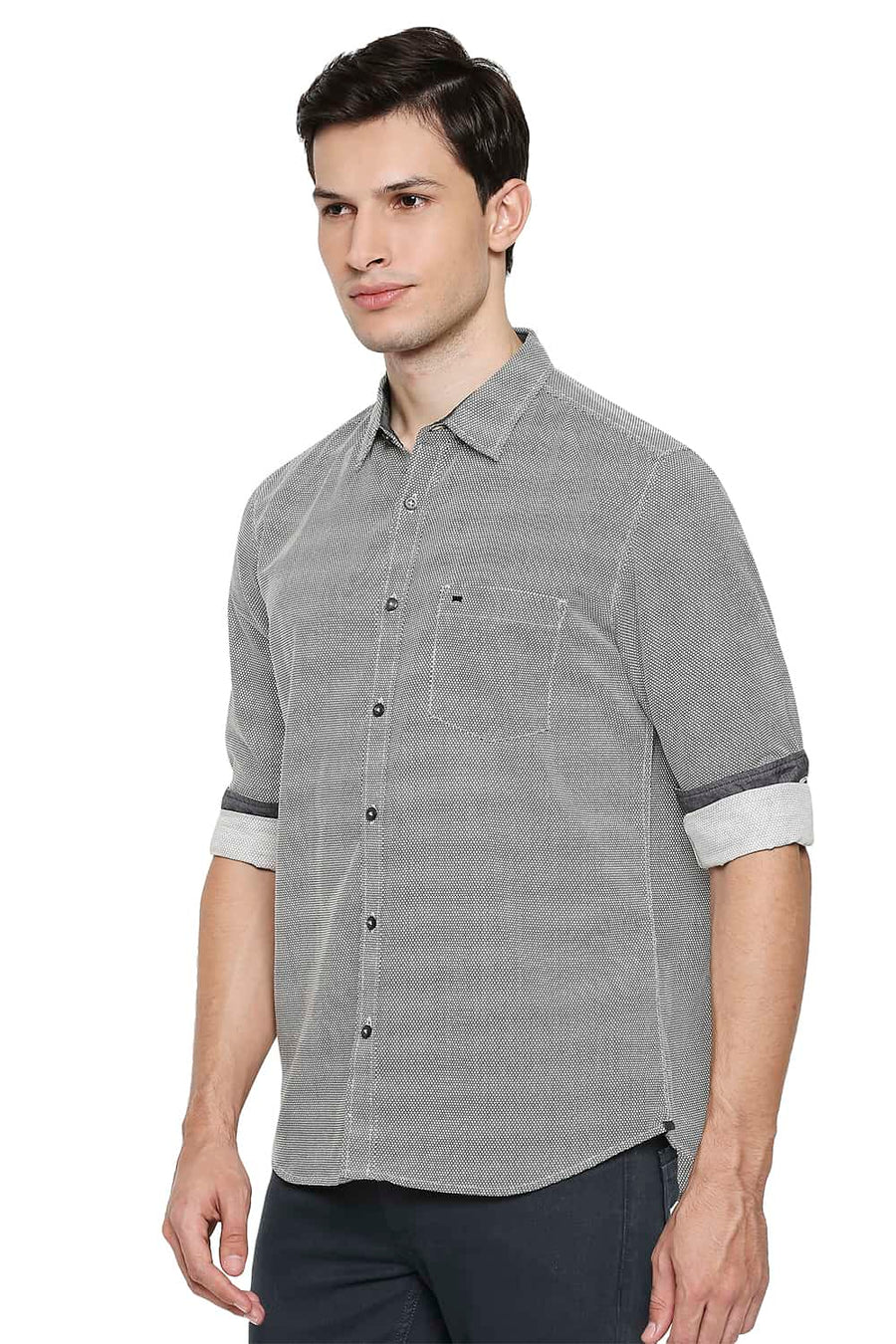BASICS SLIM FIT PRISTINE BEIGE COTTON HEMP PRINTED SHIRT