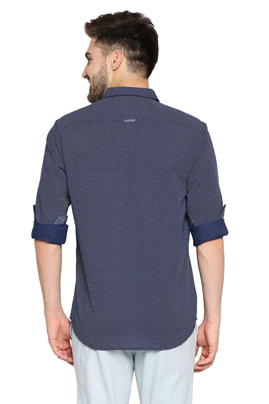 BASICS SLIM FIT ESTATE NAVY COTTON HEMP PRINTED SHIRT