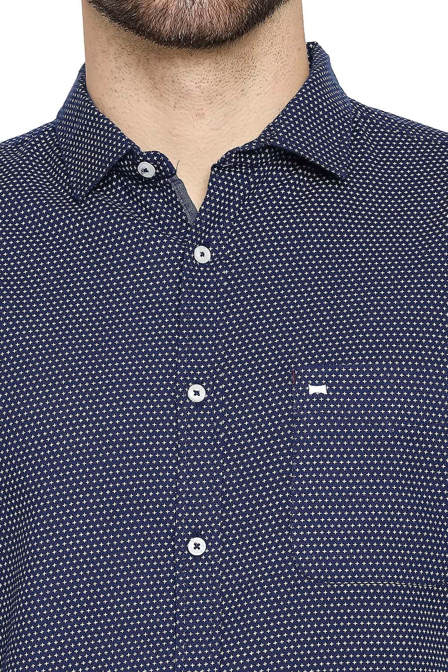 BASICS SLIM FIT ESTATE NAVY COTTON HEMP PRINTED SHIRT