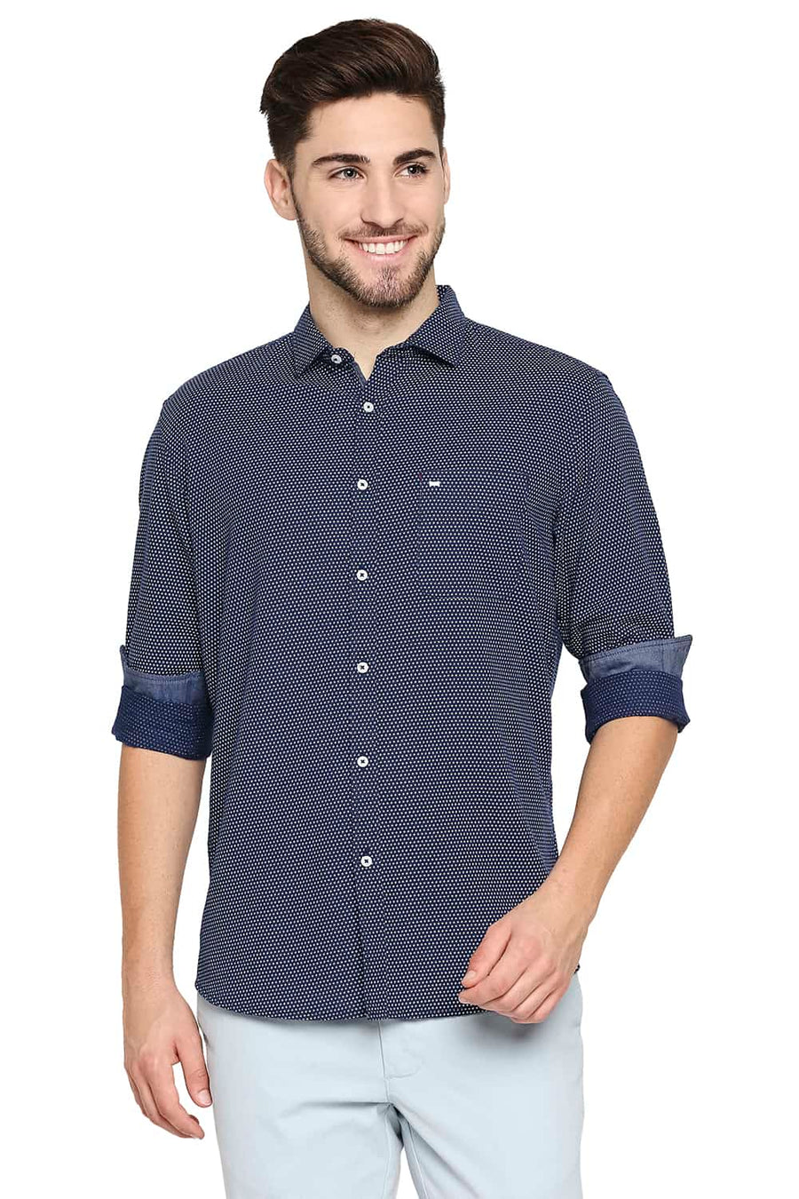 BASICS SLIM FIT ESTATE NAVY COTTON HEMP PRINTED SHIRT