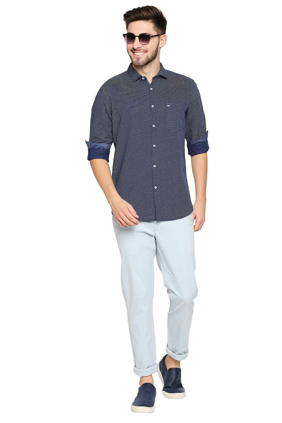 BASICS SLIM FIT ESTATE NAVY COTTON HEMP PRINTED SHIRT