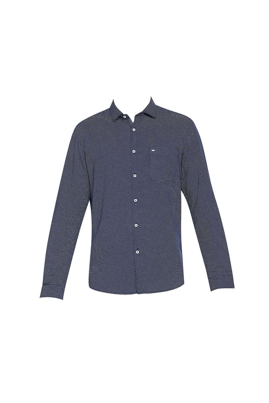 BASICS SLIM FIT ESTATE NAVY COTTON HEMP PRINTED SHIRT