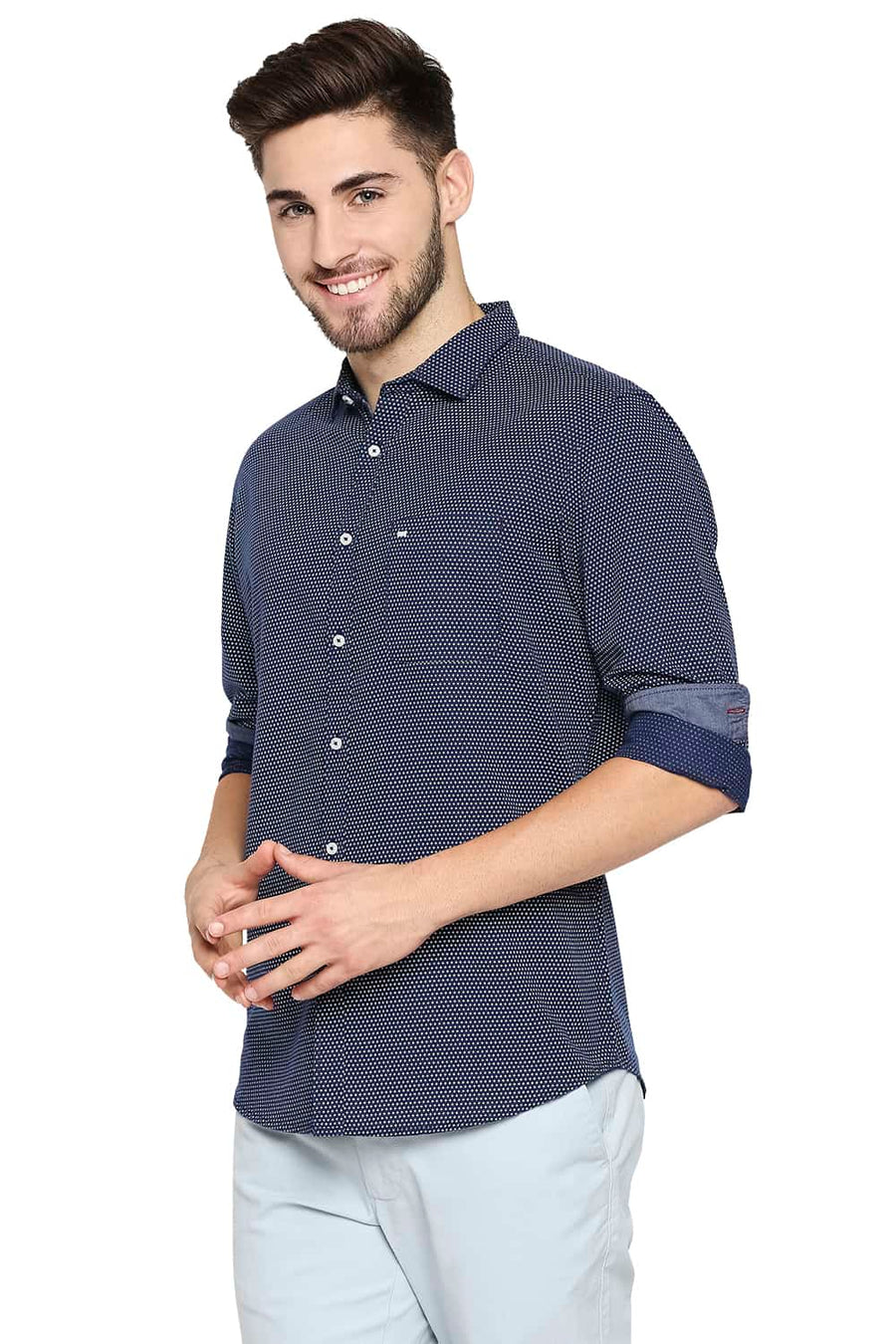 BASICS SLIM FIT ESTATE NAVY COTTON HEMP PRINTED SHIRT