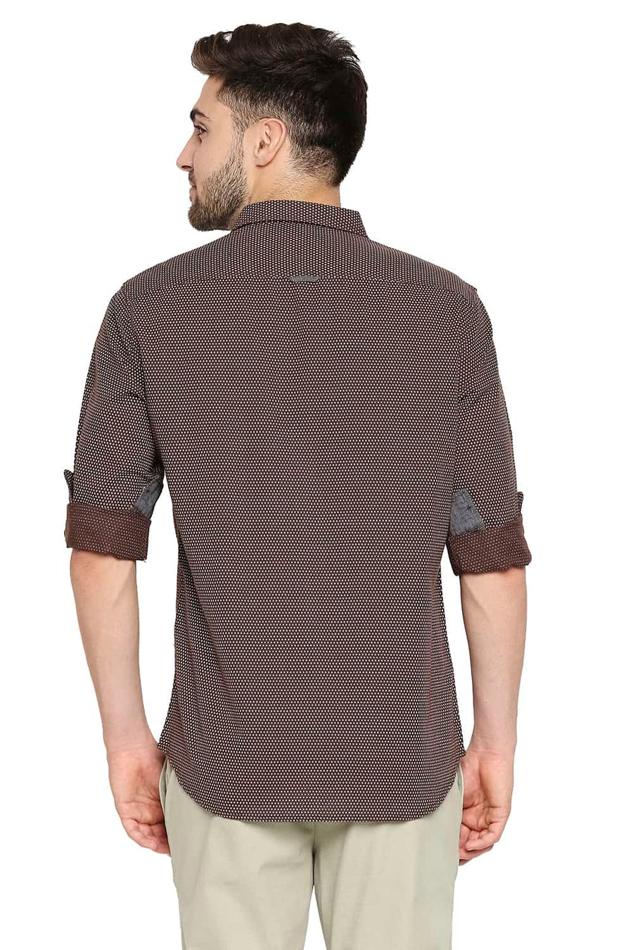 BASICS SLIM FIT PUCE BROWN COTTON HEMP PRINTED SHIRT
