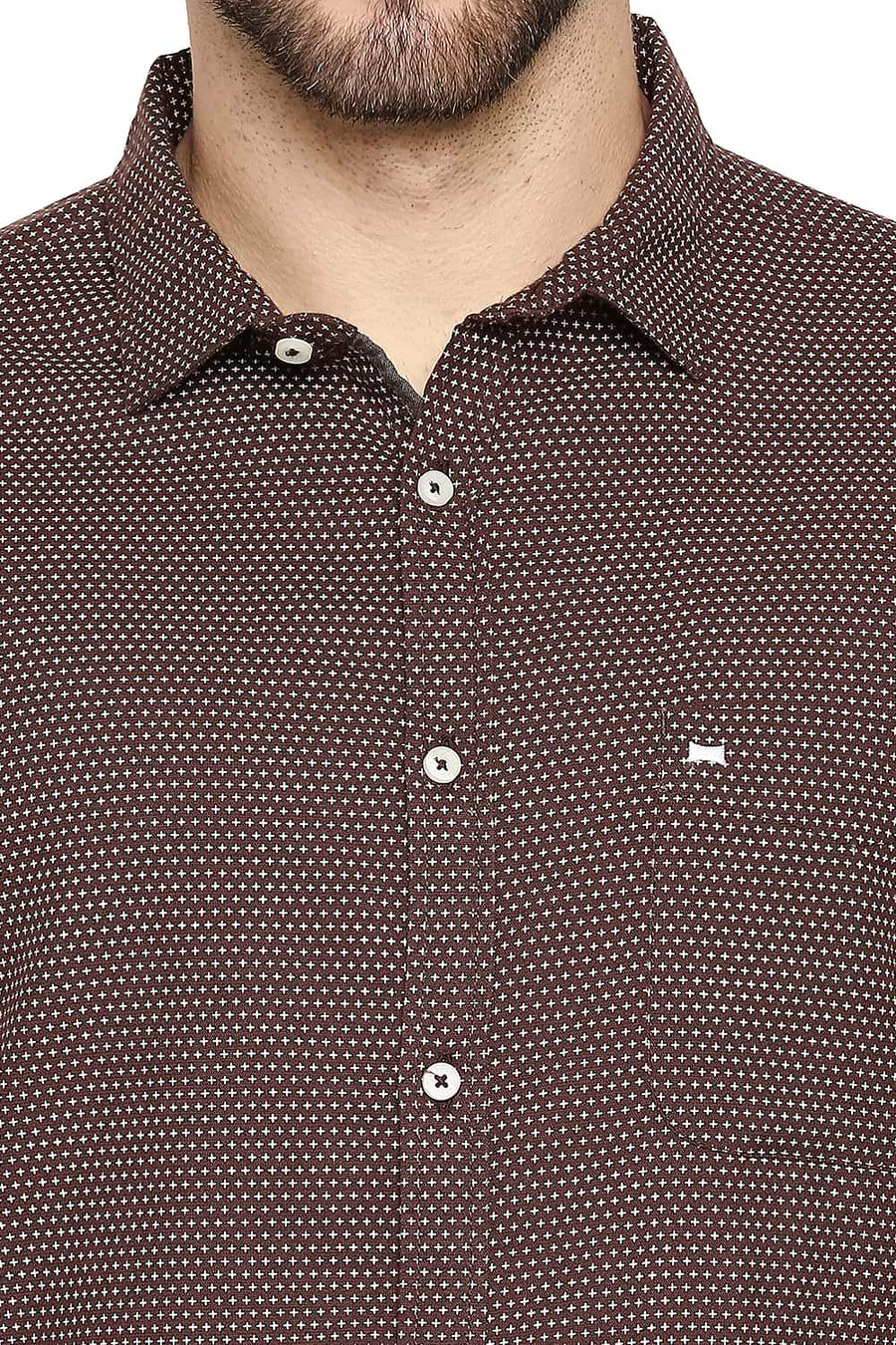 BASICS SLIM FIT PUCE BROWN COTTON HEMP PRINTED SHIRT