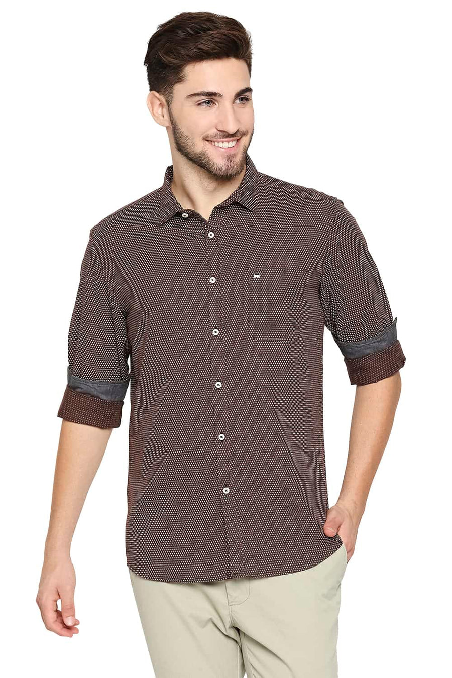 BASICS SLIM FIT PUCE BROWN COTTON HEMP PRINTED SHIRT