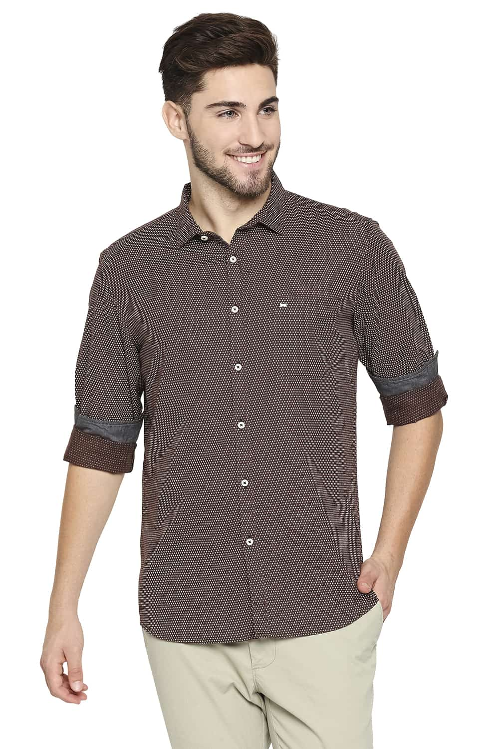 BASICS SLIM FIT COTTON HEMP PRINTED SHIRT