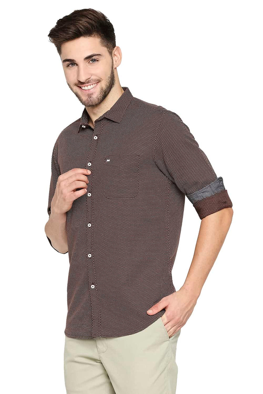 BASICS SLIM FIT PUCE BROWN COTTON HEMP PRINTED SHIRT