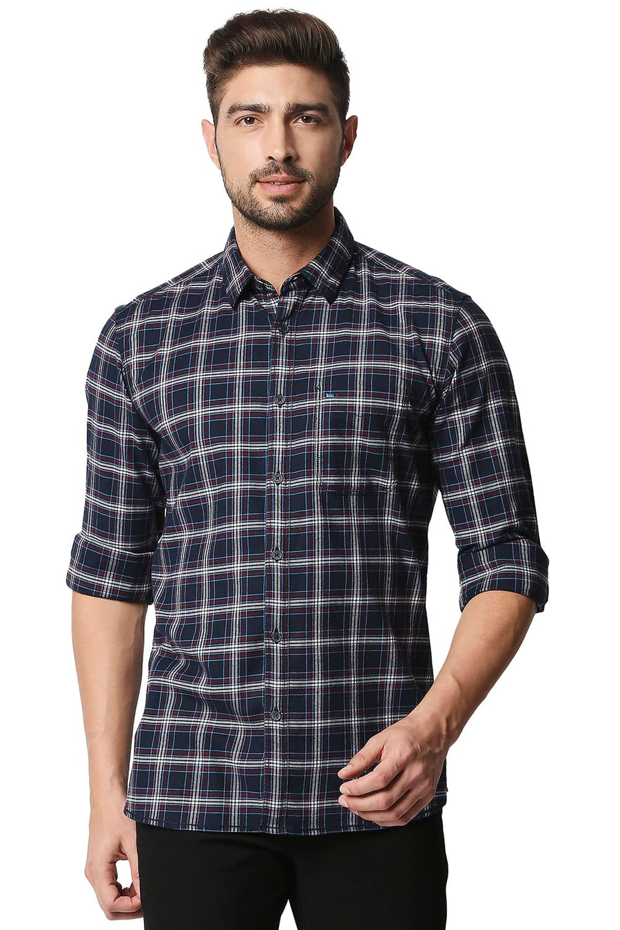 BASICS SLIM FIT BLUE NIGHTS STRETCH CHECKS SHIRT
