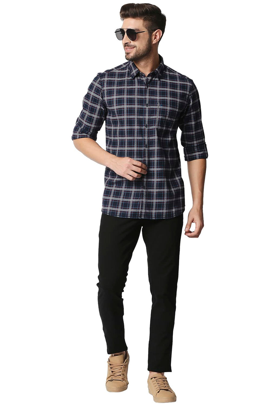 BASICS SLIM FIT BLUE NIGHTS STRETCH CHECKS SHIRT