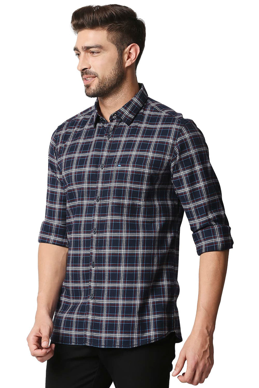 BASICS SLIM FIT BLUE NIGHTS STRETCH CHECKS SHIRT