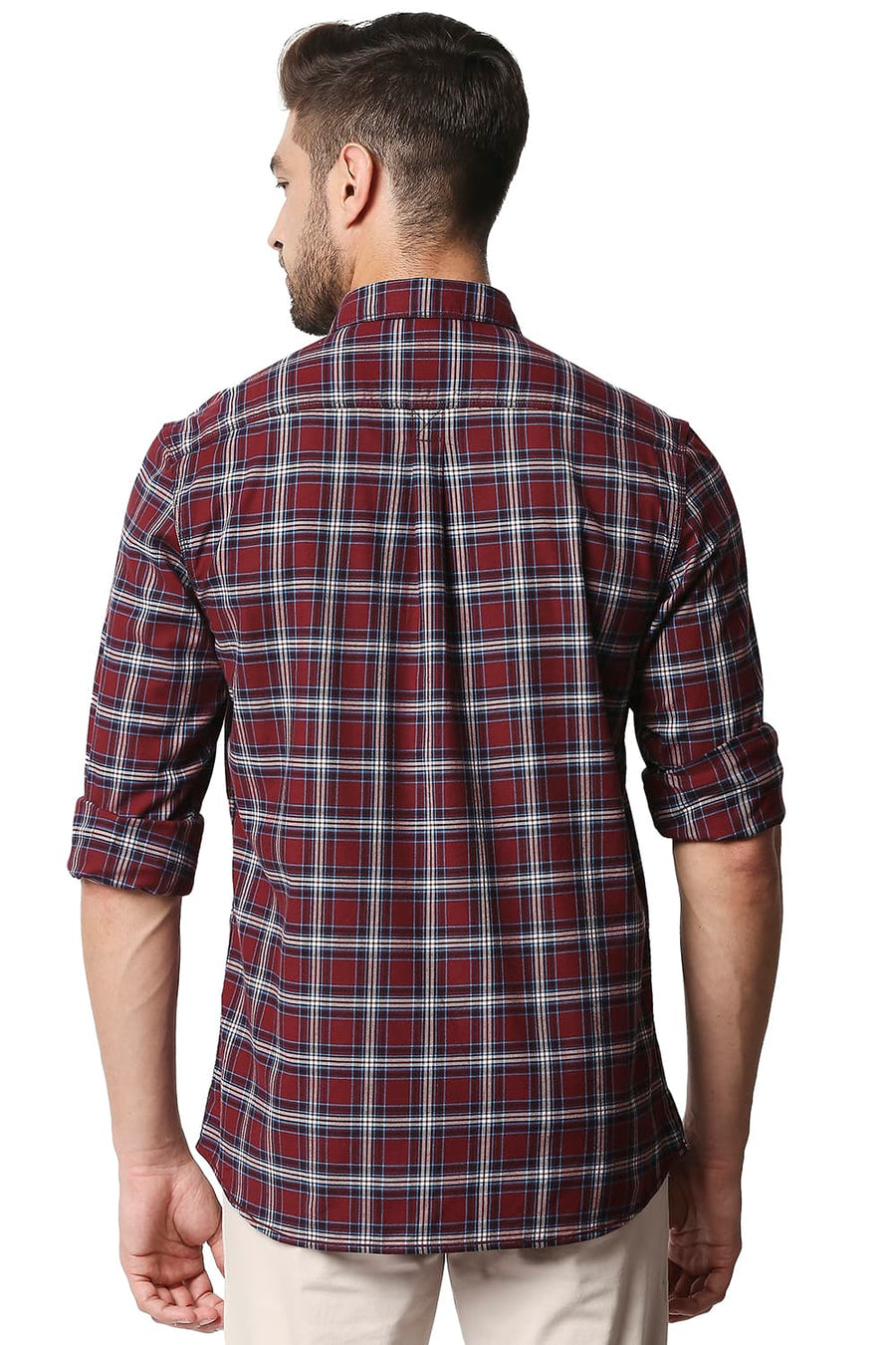 BASICS SLIM FIT WINDSOR MAROON STRETCH CHECKS SHIRT