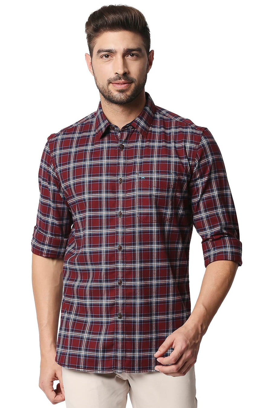 BASICS SLIM FIT WINDSOR MAROON STRETCH CHECKS SHIRT