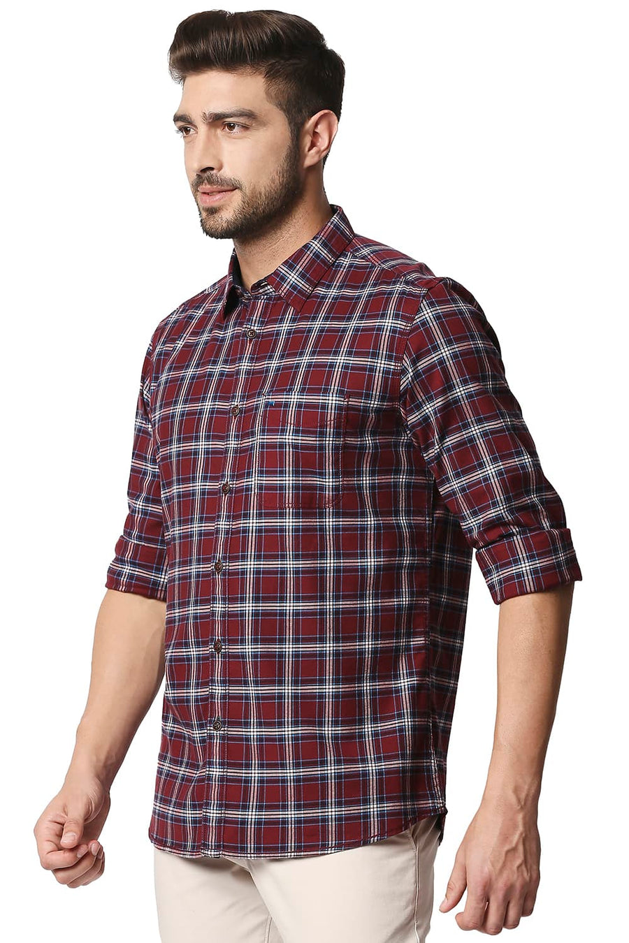 BASICS SLIM FIT WINDSOR MAROON STRETCH CHECKS SHIRT