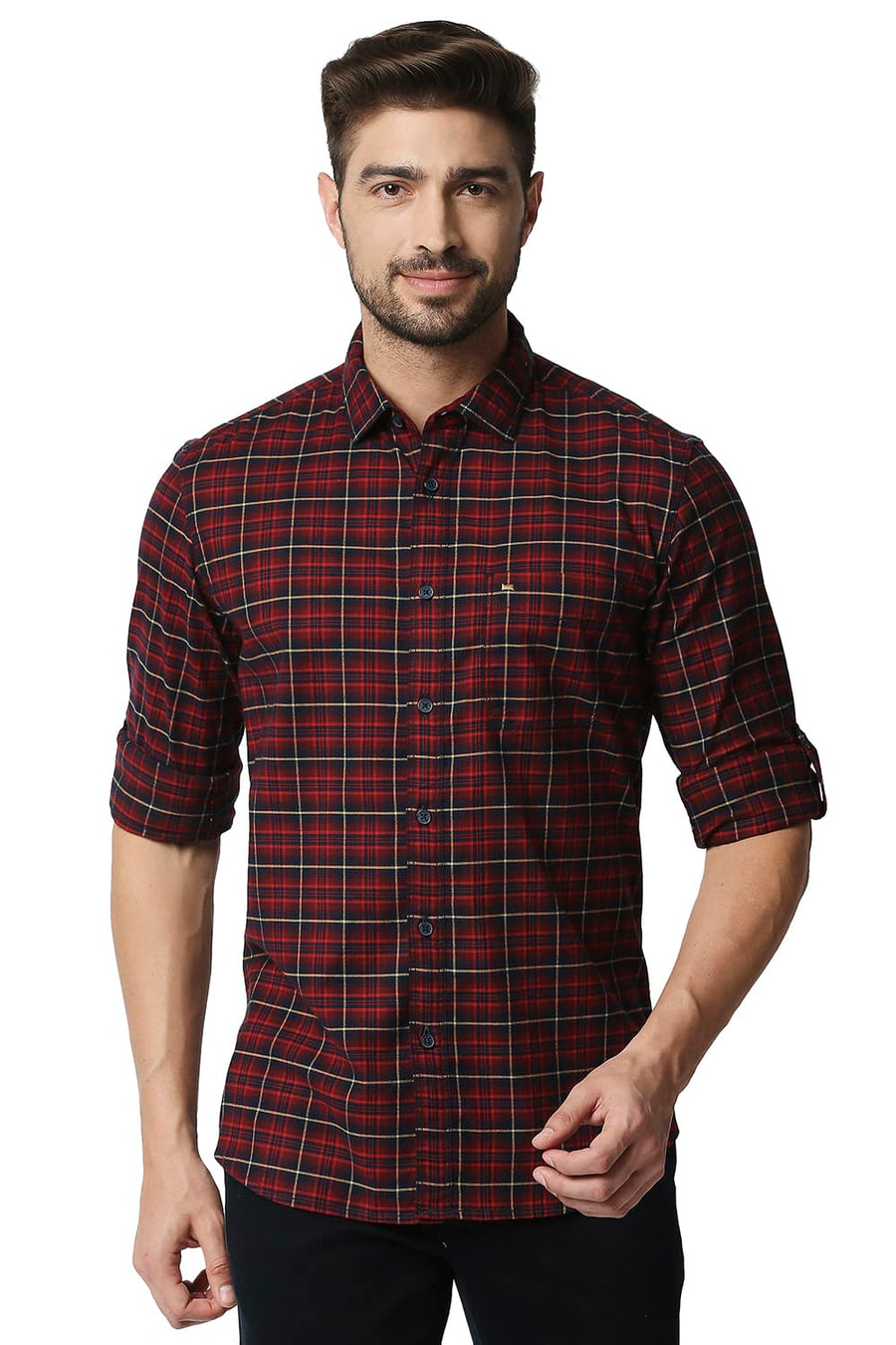BASICS SLIM FIT FORMULA RED STRETCH CHECKS SHIRT