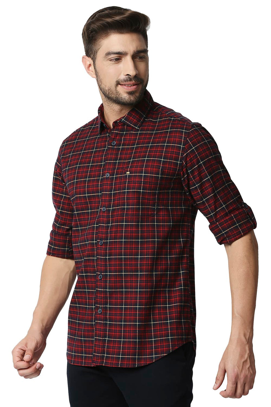 BASICS SLIM FIT FORMULA RED STRETCH CHECKS SHIRT