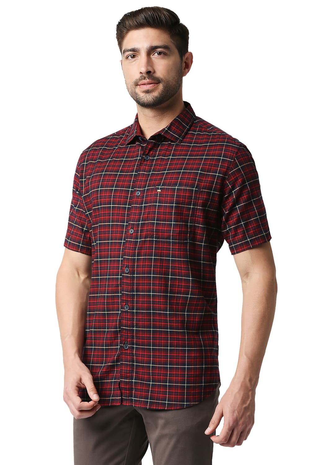 BASICS SLIM FIT STRETCH CHECKS HALFSLEEVES SHIRT