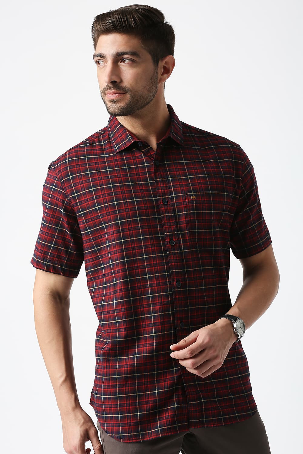 Slim Fit Stretch Checks Halfsleeves Shirt