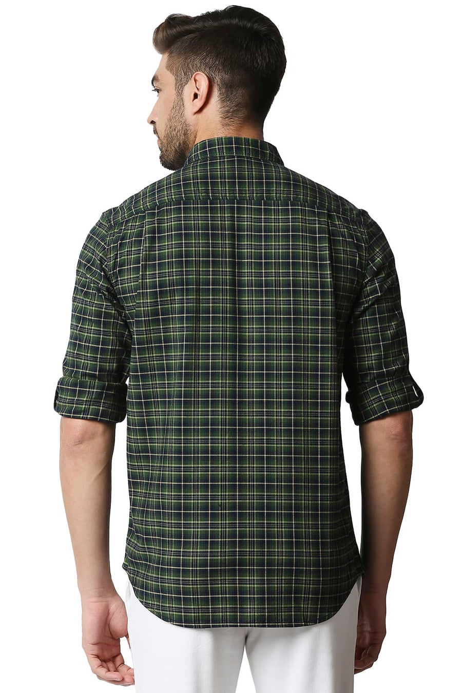 BASICS SLIM FIT GARDEN GREEN STRETCH CHECKS SHIRT