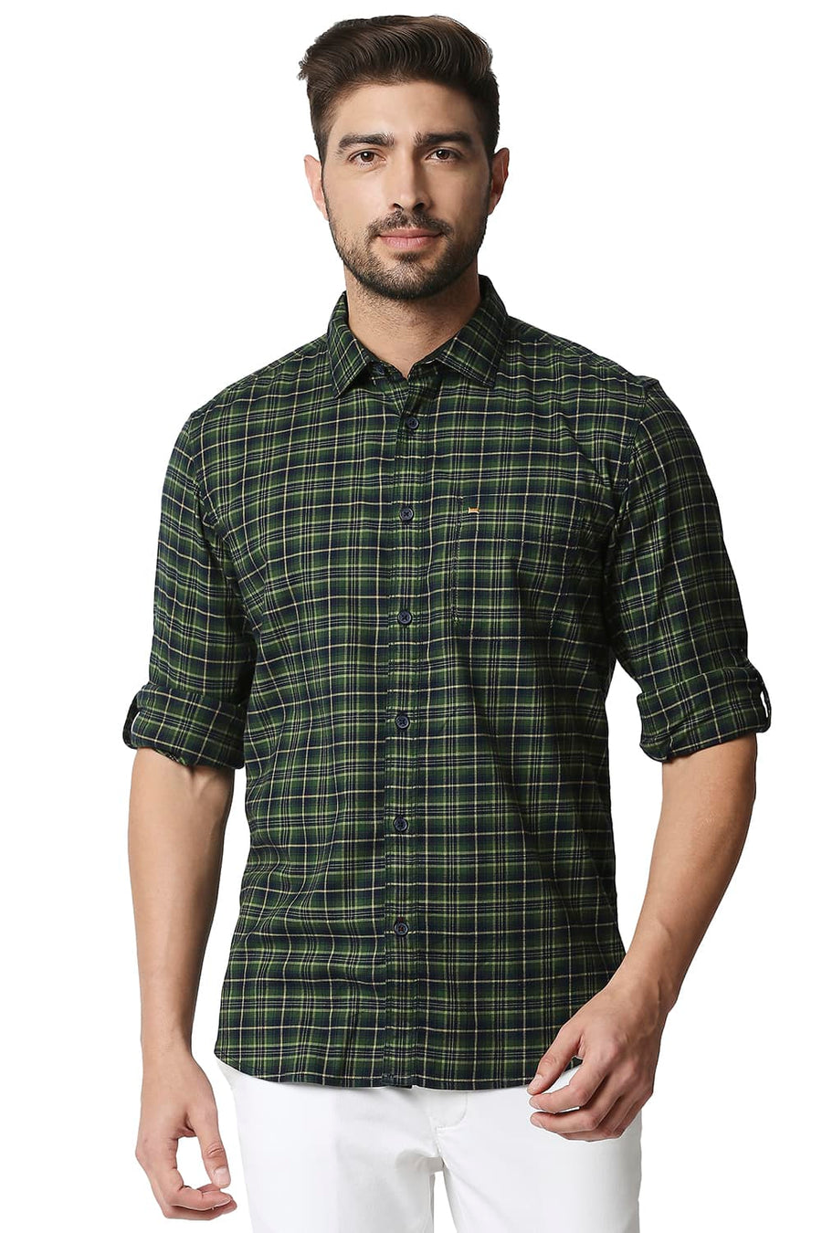 BASICS SLIM FIT GARDEN GREEN STRETCH CHECKS SHIRT