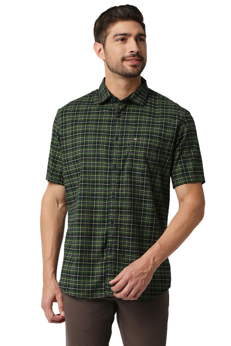 BASICS SLIM FIT STRETCH CHECKS HALFSLEEVES SHIRT